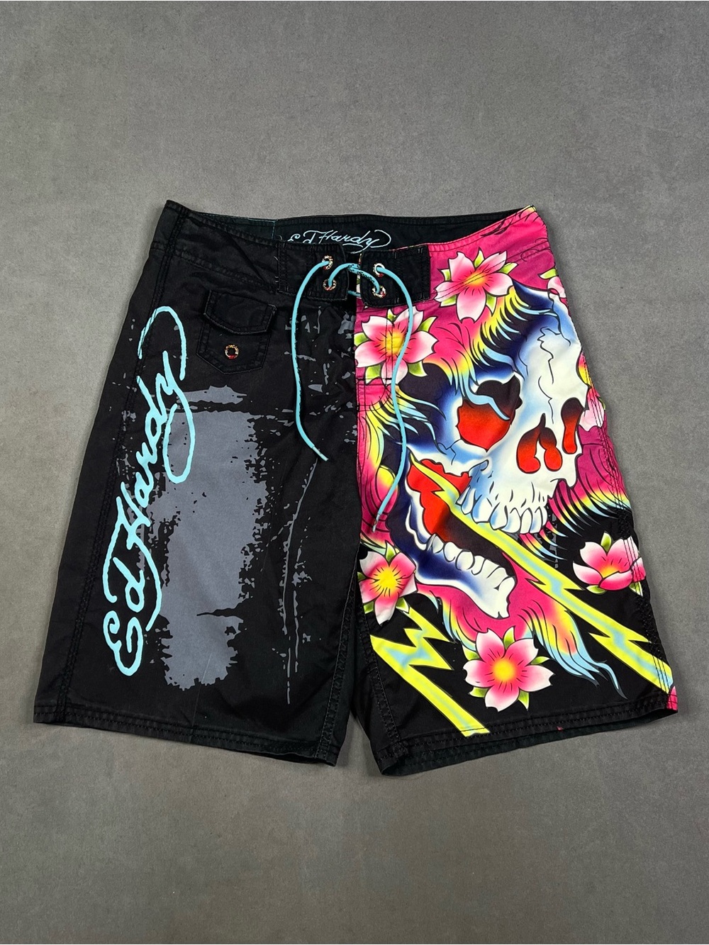 Ed Hardy Black Board Shorts with Neon Pink Floral Skull